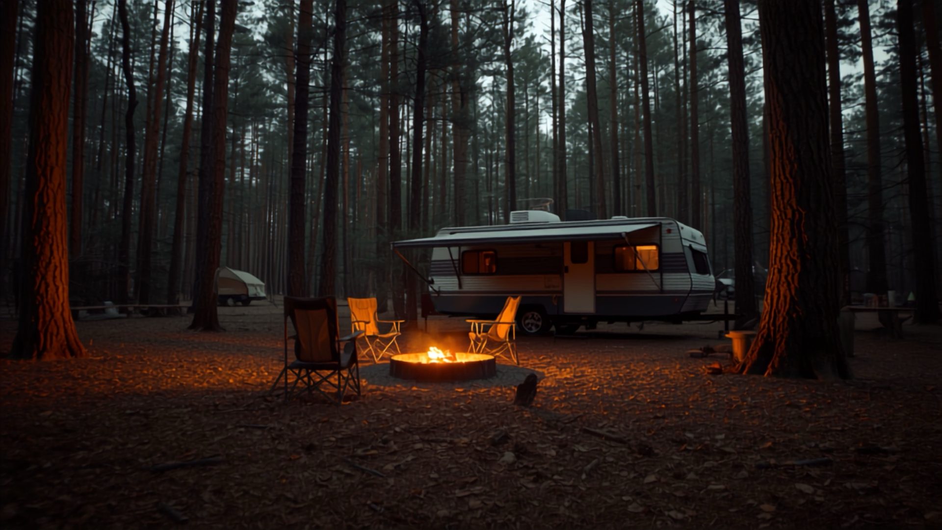 Travel trailer at a wooded campsite