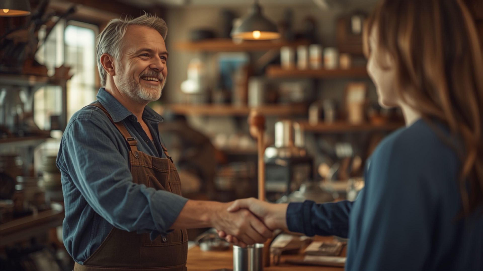 Shop owner shaking hands with a customer