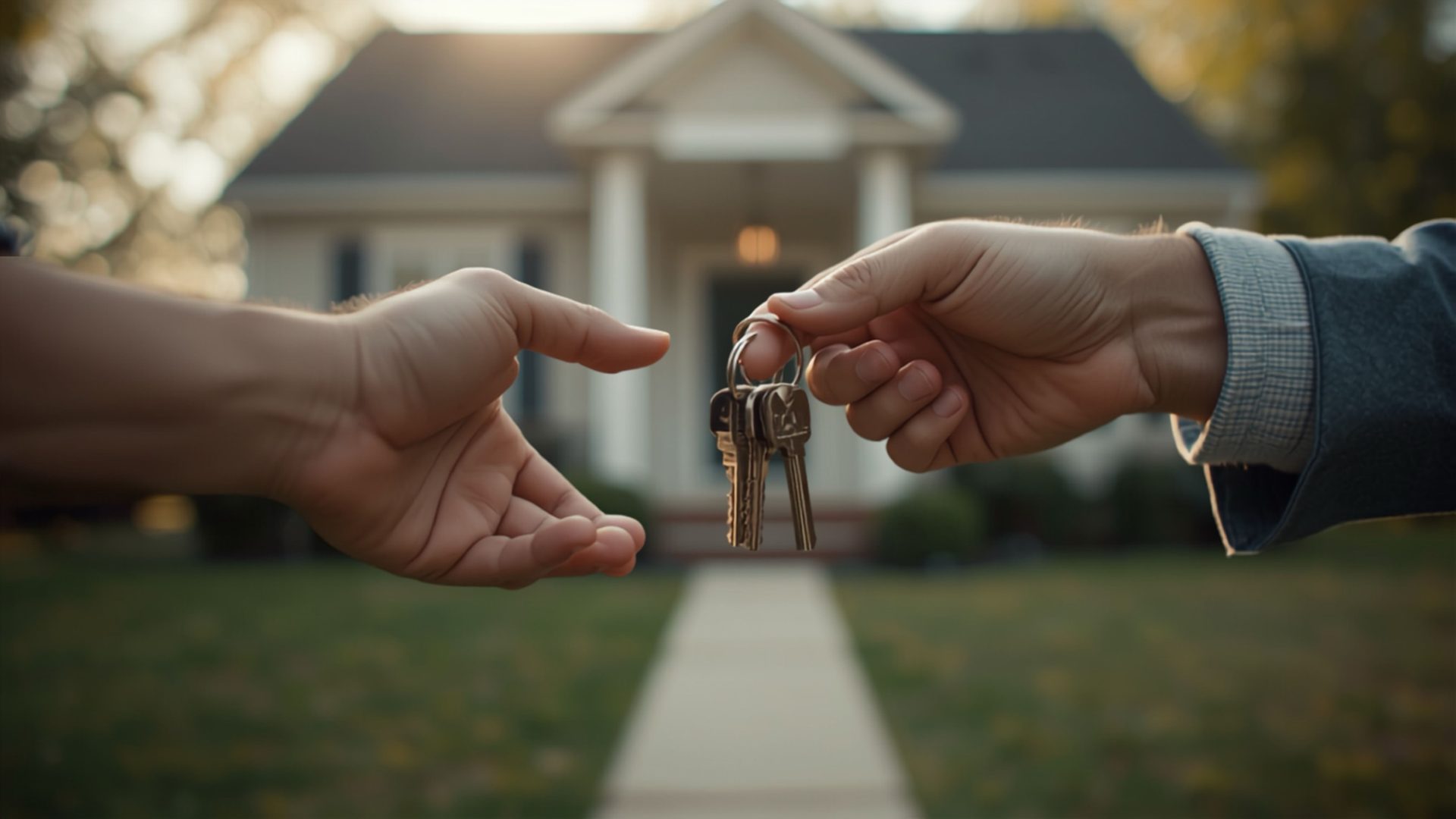 Keys being handed over in front of a rental home